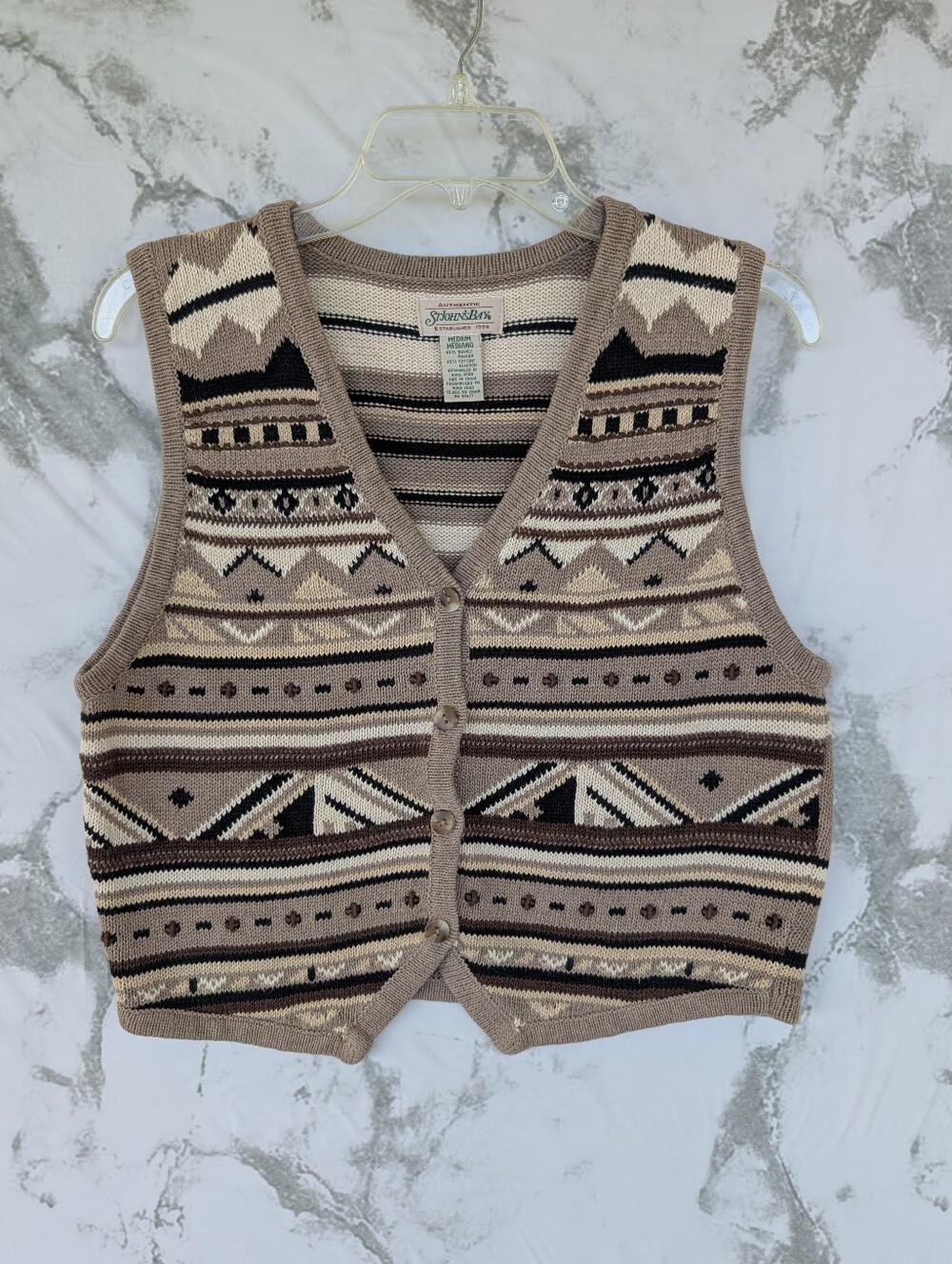 Vintage St. John's Bay Brown Tan Black Cotton Blend Sweater Vest Size Medium